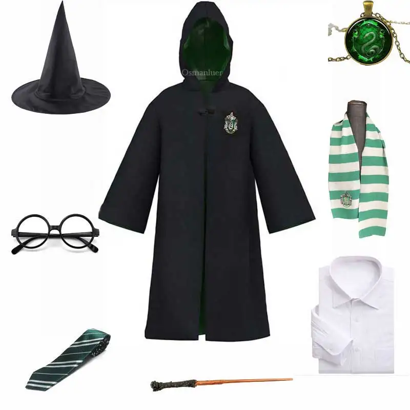 thumbnail image 1 of Uniforme escolar de bruja y mago para niños adultos, estilo Harris Potter, túnica, capa, bufanda, corbata, varita, collar, disfraz de Halloween, 1 of 5