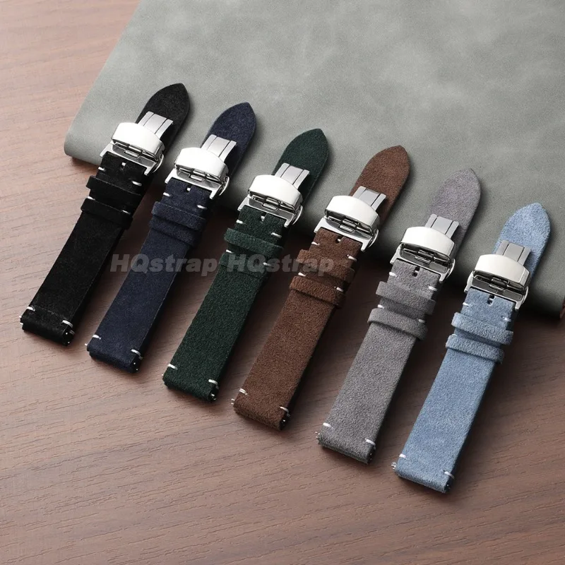 Vintage Suede Leather Watch Strap with Butterfly Buckle