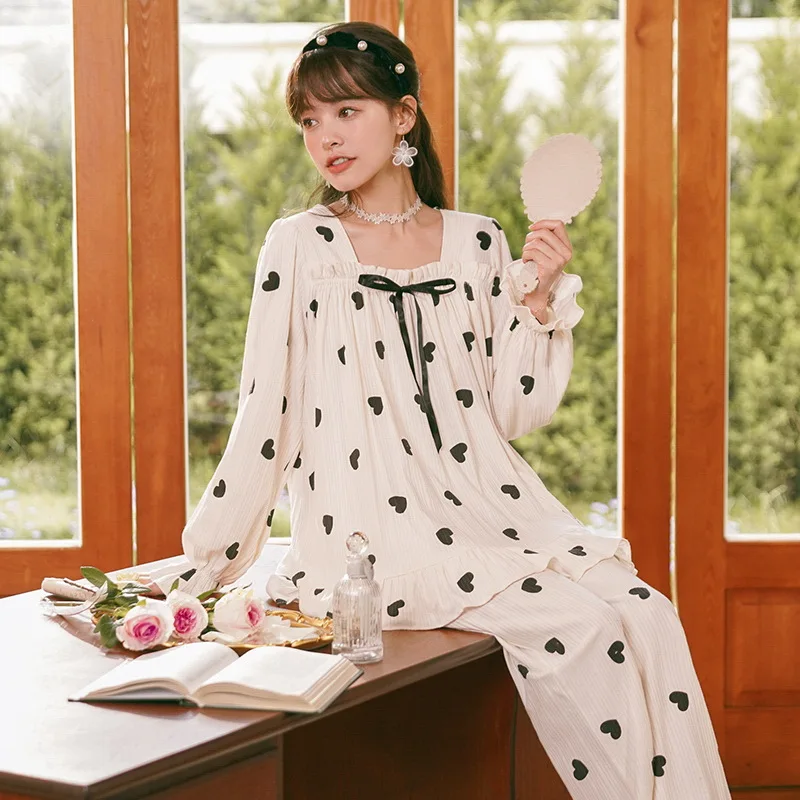 Fashion Pajamas Women's Long-sleeved Spring And Autumn New  Home Service Cotton Suit Comfortable and breathable suit