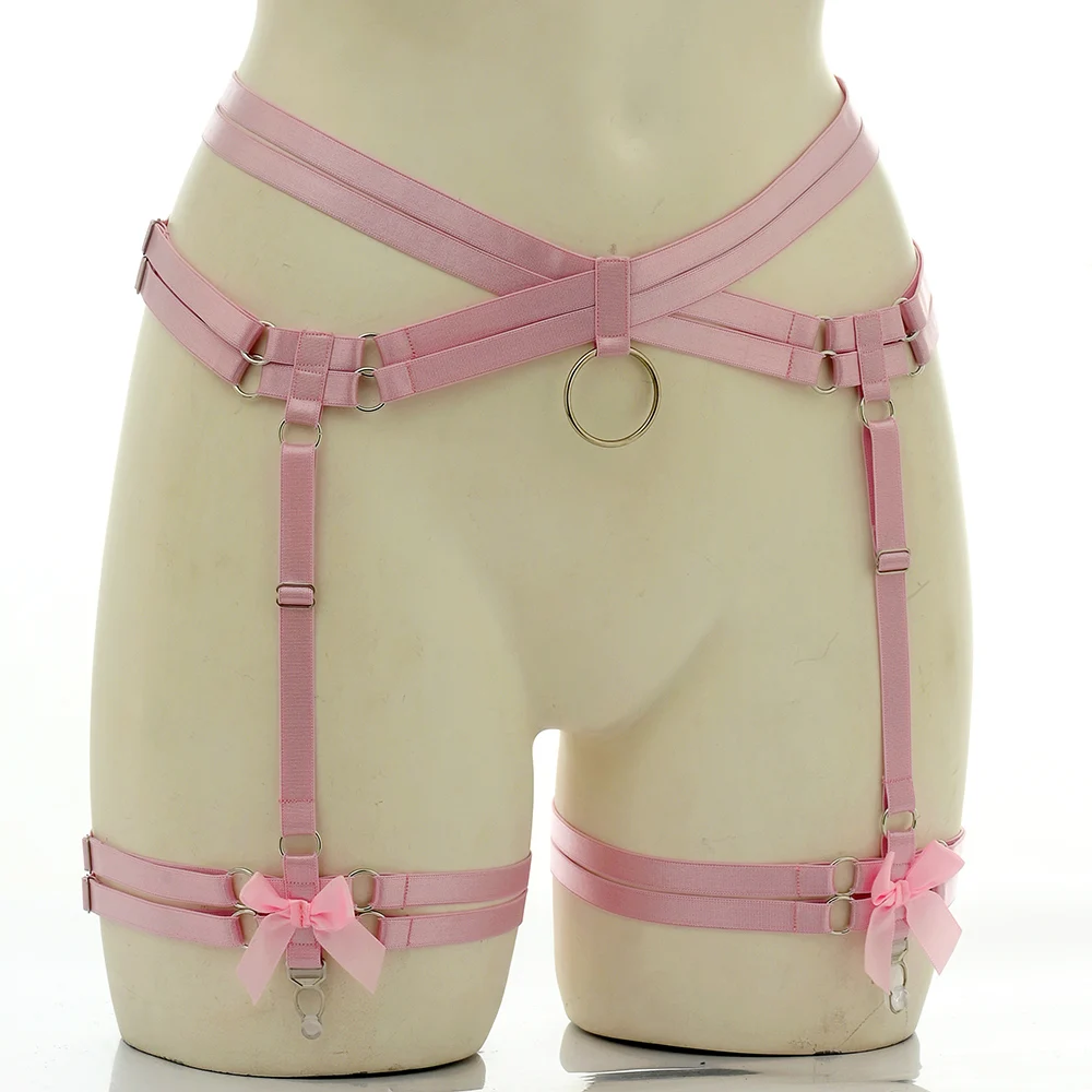 Hollow Pink Kawaii Bondage Stocking Garter Punk Wedding Bride Body Harness Bow Clip Elastic Belt Punk Body Harness Cage