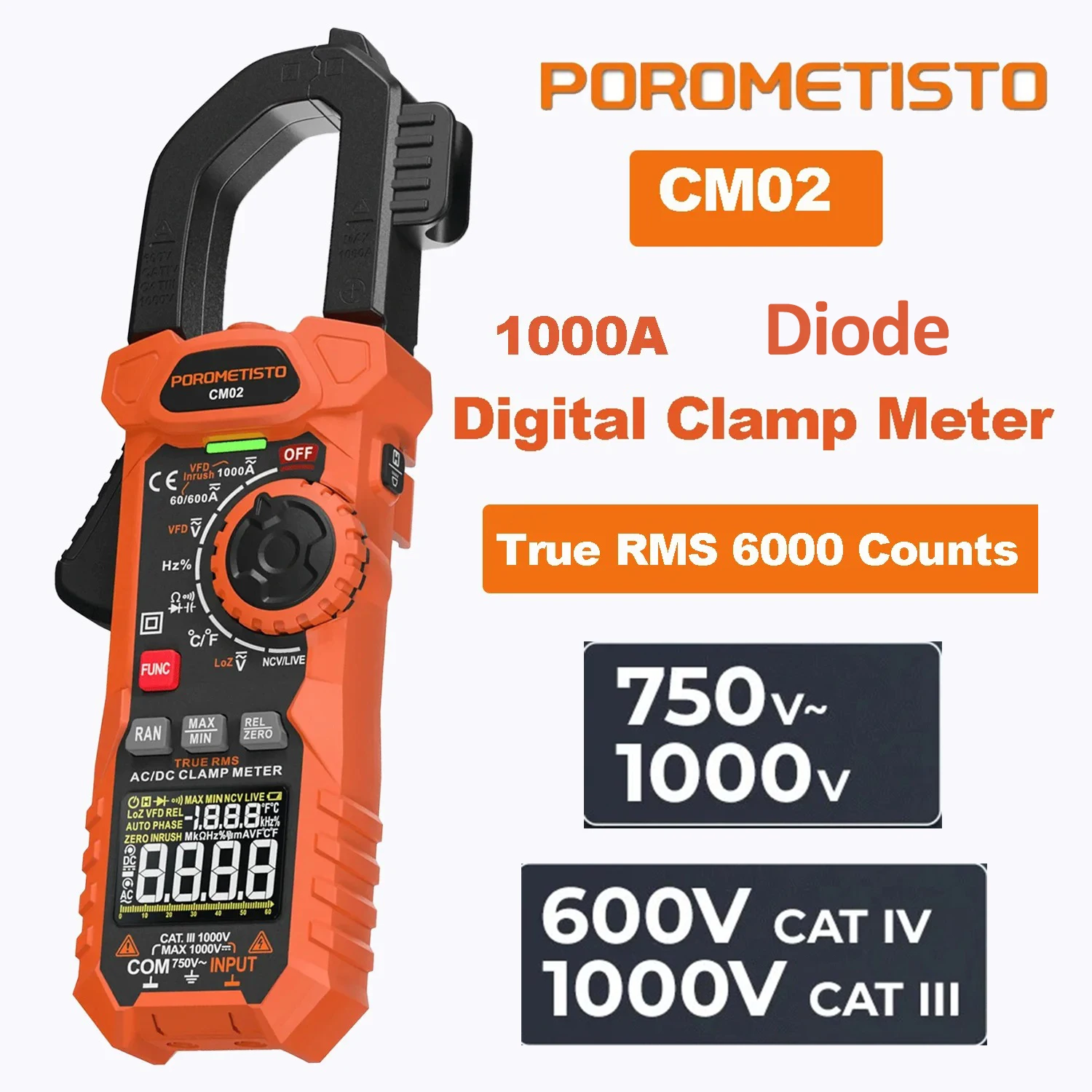 Цифровой токоизмеритель-зажим POROMETISTO CM02, 1000A, 6000 отсчетов