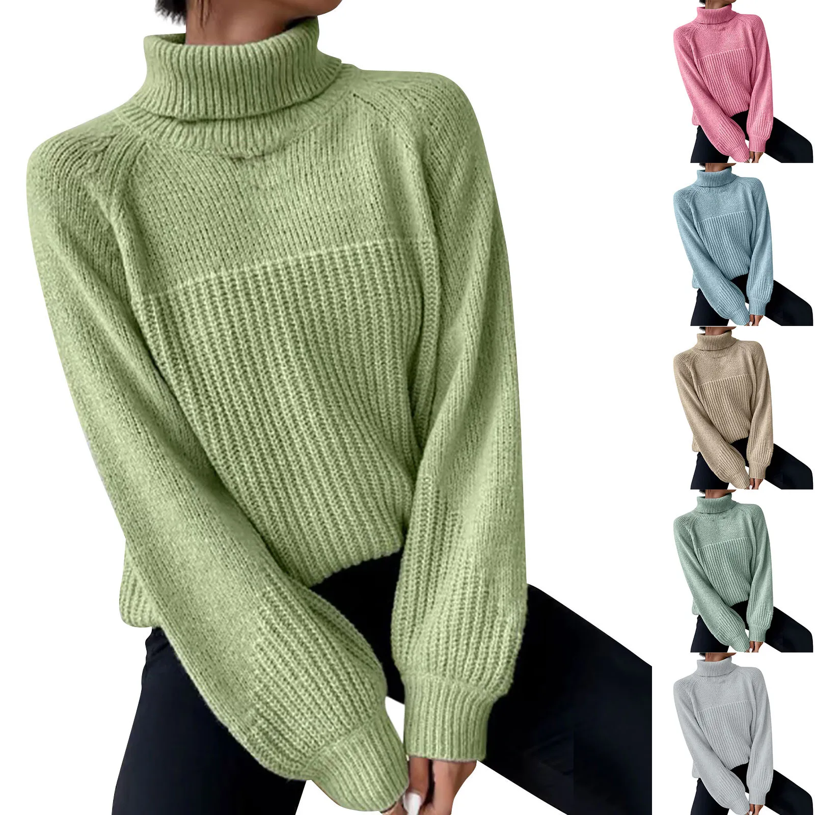 

Женские свитера 2023, зимний женский пуловер с отложным воротником и рукавами-фонариками, однотонный вязаный свитер, одежда в Корейском стиле с высоким воротником
