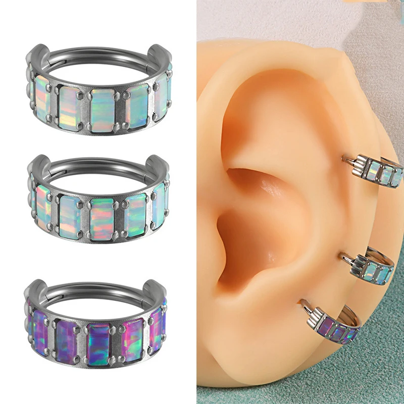 

1PC G23 Titanium Piercing Jewelry Conch Cartilage Tragus Earring Ear Clip Hinged Nose Ring Hoop CZ Opal Stone Nose Septum Clicke