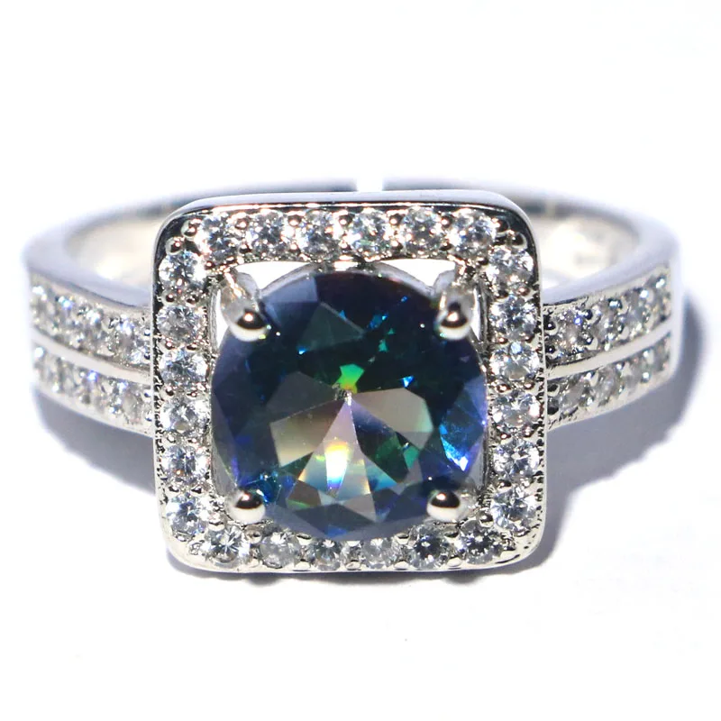

13x13mm Dazzling Fire Rainbow Mystical Topaz Women For Mom Gift Silver Rings Eye Catching