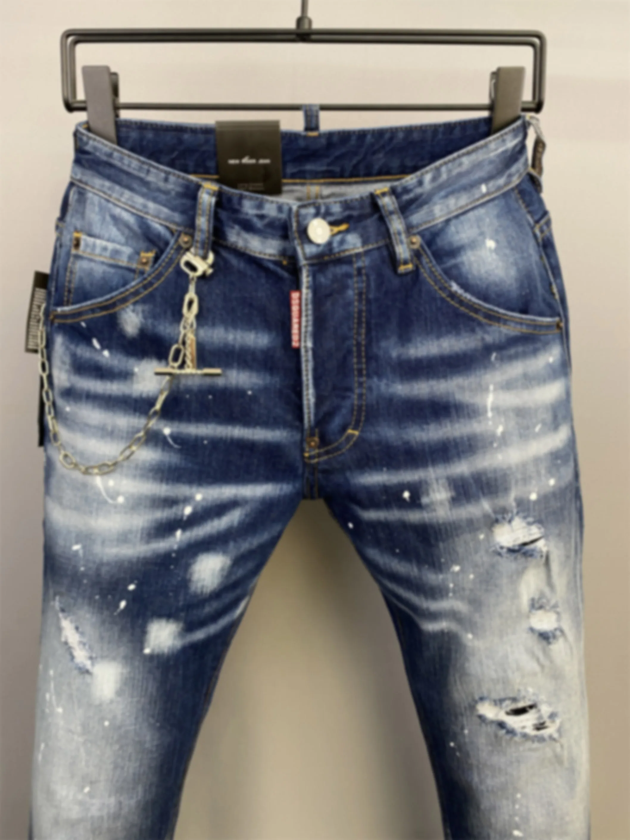 2024 Spring/Summer New D2 Jeans Trendy Men's Washed Worn Hole Patches Painted Slim Fit Small Feet Denim Pants Men's