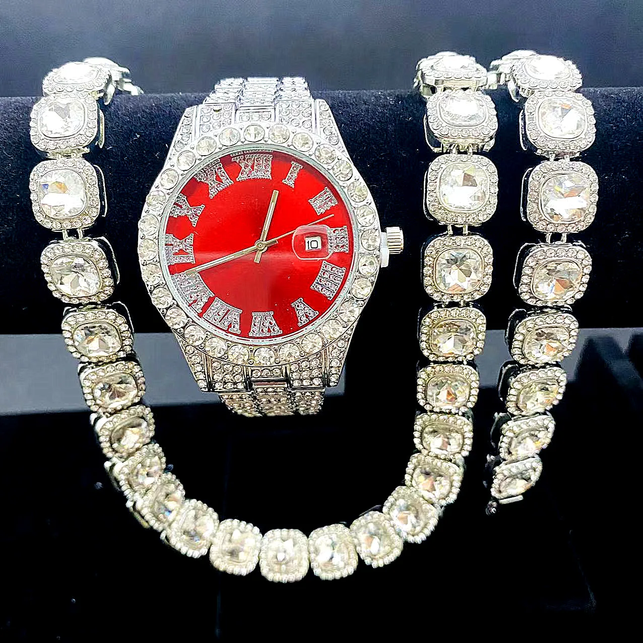3PCS Hip Hop Watch Necklace Bracelet Jewelry For Men Women Iced Out Bling Cuban Chain Tennis Silver Color Miami Christmas Gift