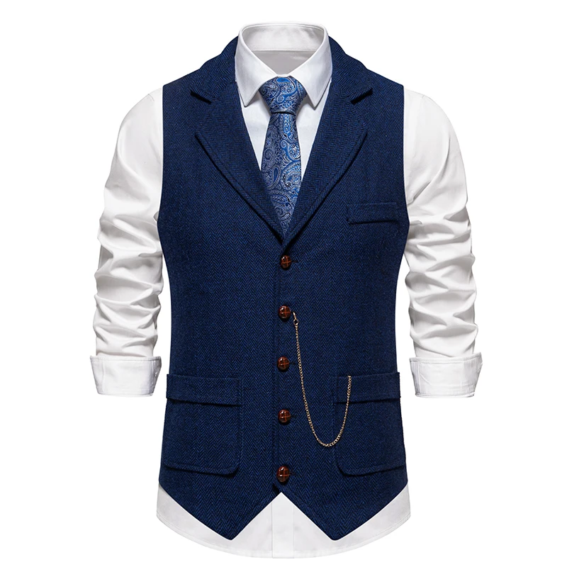 Men's Retro Lapel Chain Vest Fashion Herringbone Coarse Tweed Pockets Suit Vest British Casual Vintage Gentleman Leisure Party 6
