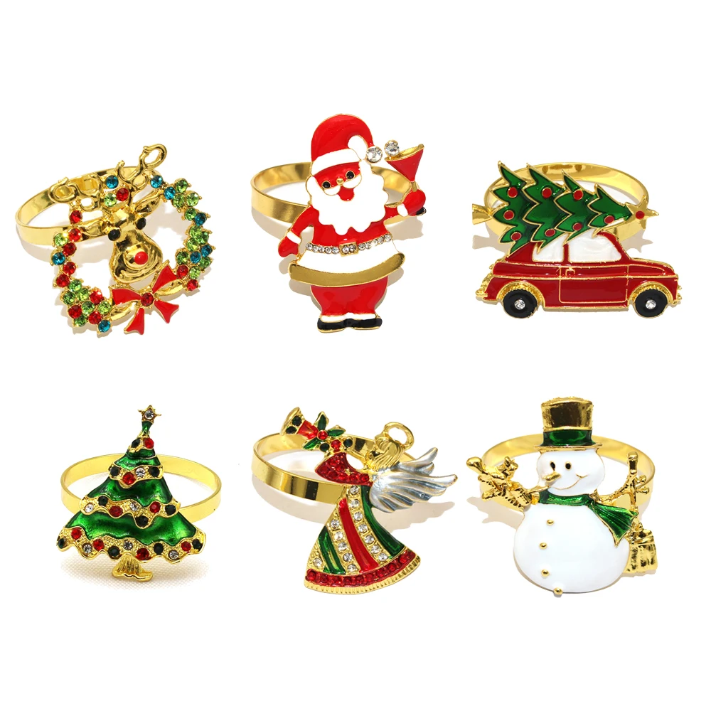 Christmas Napkin Holder Napkin Ring 6Pcs Mixed Gold Christmas Napkin Rings Set Wreath Angel Elk Bell Snowman Xmas Tree Napkin Holder for Wedding Party Table Decor