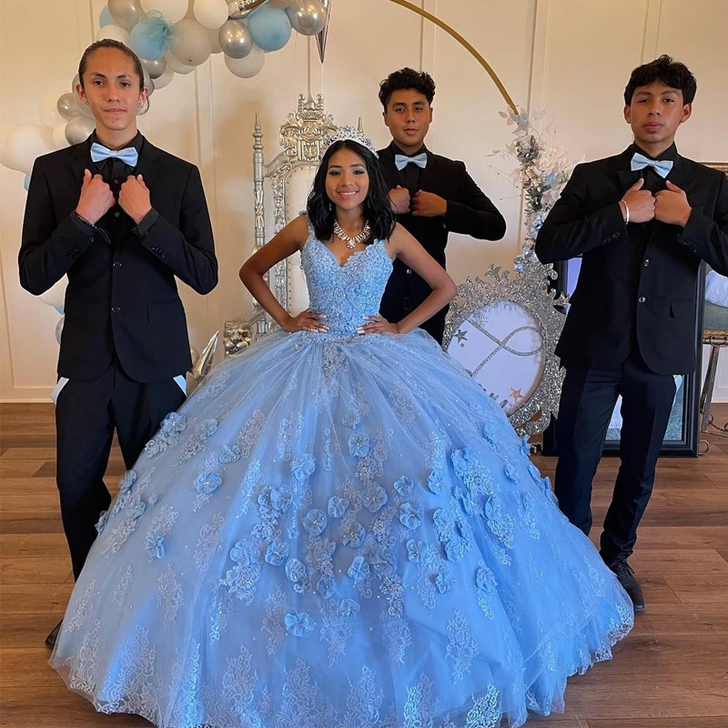

15 Party Sexy Light Sky Blue Ball Gown Quinceanera Dresses Strapless Tulle 3D Flower Formal Cinderella Birthday luxury Dress