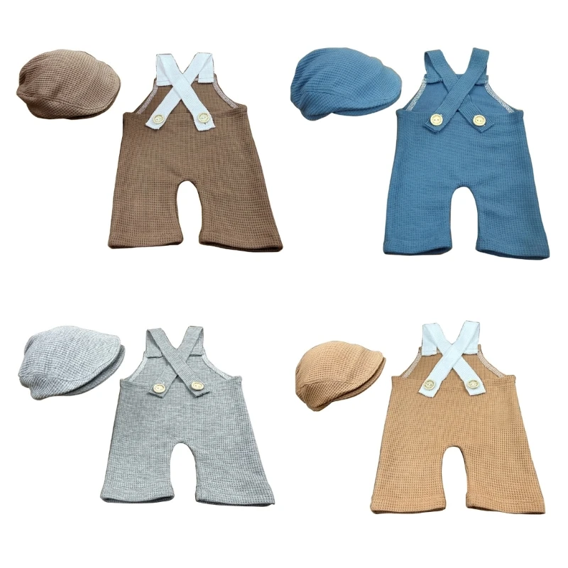 

Stylish Newborn Baby Suspender Pants and Hat Set Boy Back Strap Pants Suit and Matching Hat Perfect for Photoshoots