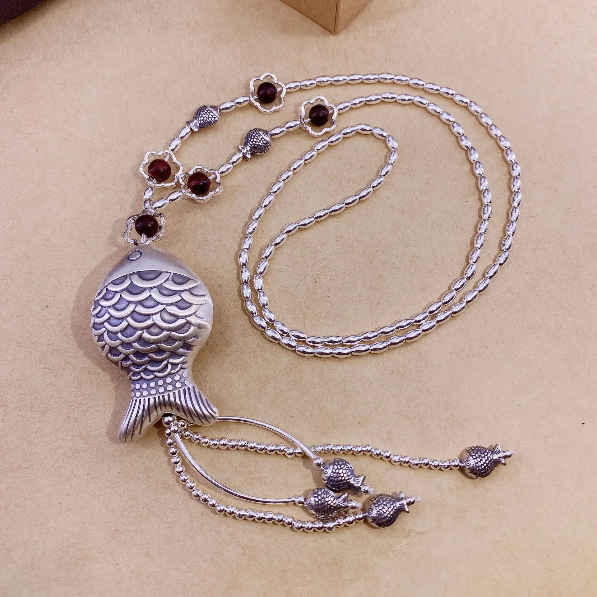 

BOCAI New 100% Pure S999 Silver Jewelry Thai Handmade DIY Winter All-Match Fish Pendant Sweater Chain Trendy Women's Necklace