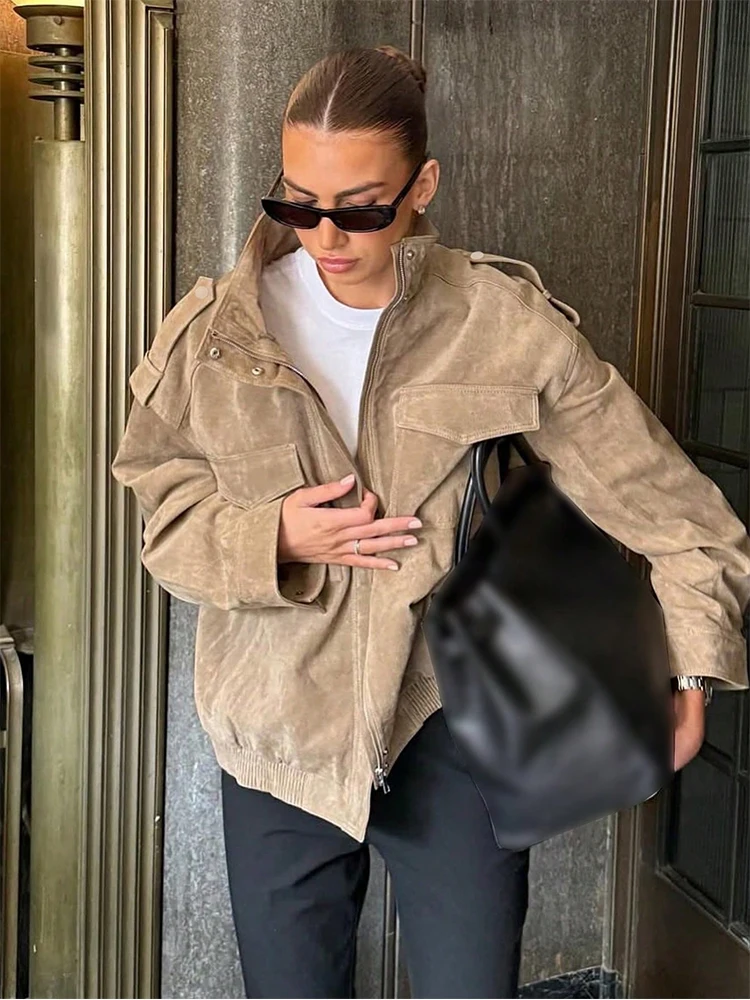 SLTNX Women Suede Jacket 2026 New Spring Fashion Long Sleeve Zipper Loose Jackets Coat Chic Female High Street Casual Outerwear