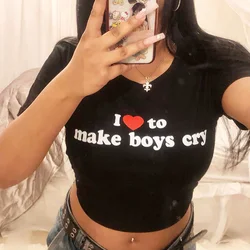 Harajuku letter I love to make boy cry Print T-Shirt short sleeve Skinny Crop tops Women y2k kawaii streetwear Cropped tops Tee