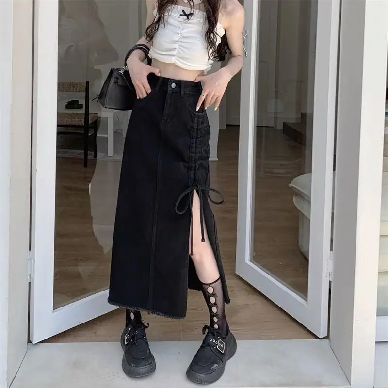 

Black Sexy Slit Skirt for Women Y2k Streetwear Gothic Acubi Preppy Vintage Jean High Waist Denim Skirt Summer Korean Fashion