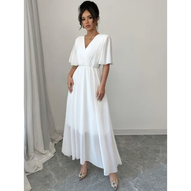 Plus Size Womens Summer Flowy Chiffon Midi Dress Casual V Neck Short Sleeve High Waist Boho Beach Dress Wedding Guest Maxi Dress 3
