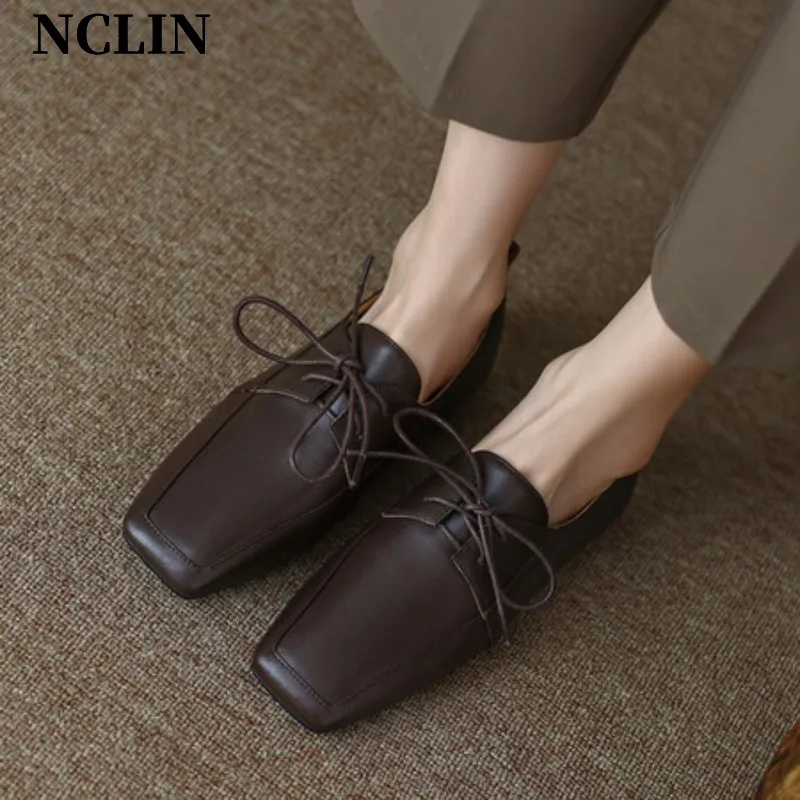 

New Genuine Leather Lace Loafers Spring/Autumn Square Toe Chunky Heel Women Pumps Shoes for Women Ladies Shoes Comfort Low Heels