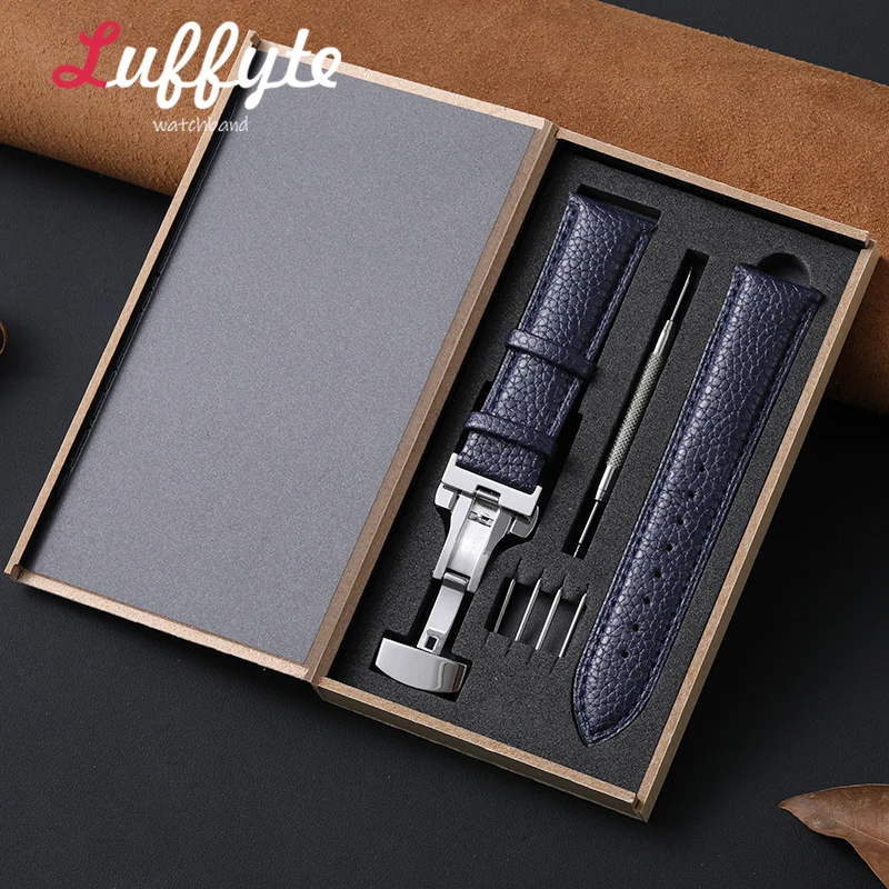 Elegant Lychee Leather Watch Band with Butterfly Buckle - Includes Gift Box