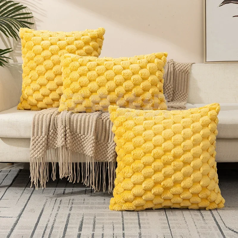 Yellow woven plush throw pillow cover