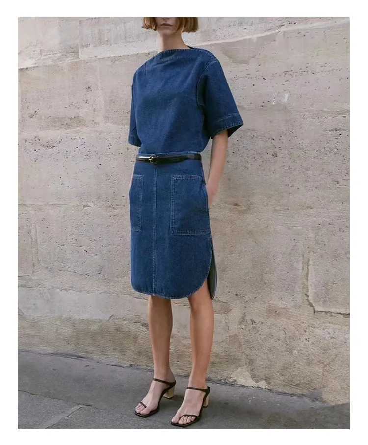 

Women's Blouse Drop Shoulder Denim Or Mini SKirt Curved Hem Casual