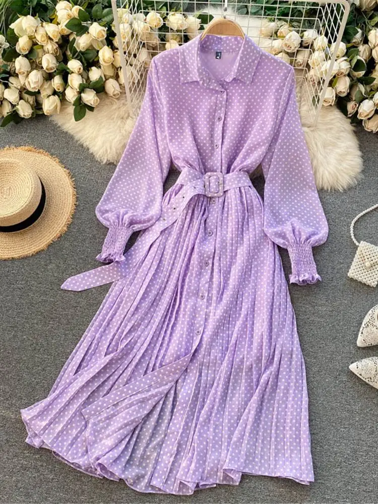 

New Autumn Spring Women Chiffon Botton Polka Dot Pleated Shirt Dress With Belt Long Sleeve Elegant Office Lady Female Clothing
