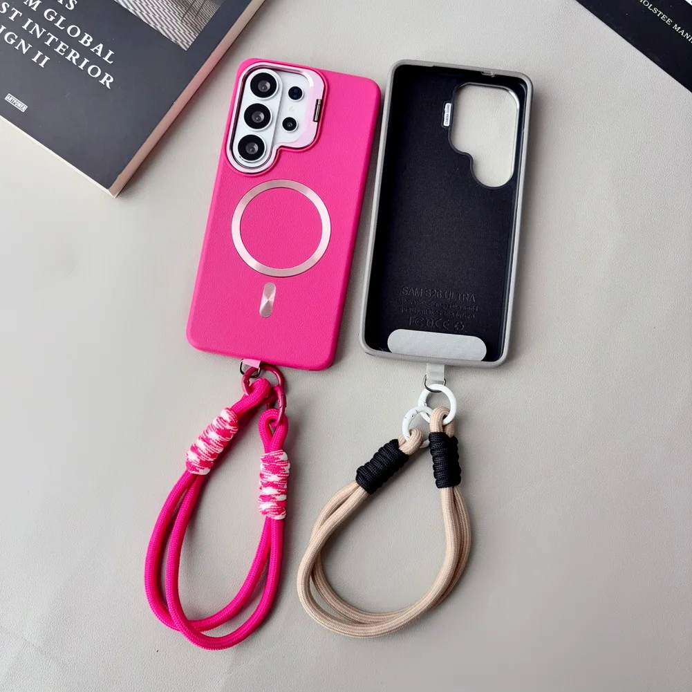 Leather Textured Wrist Strap Case with Metal Lens Bracket and Magnetic Ring Cover