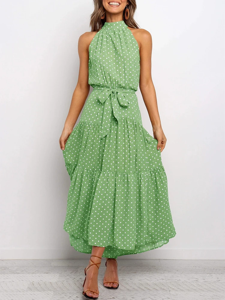 

Polka Dots Vintage Women Summer Halter Maxi Boho Dress Sleevless Navy Blue Floral Print Long Sash Beige A-line Beach Casual Robe