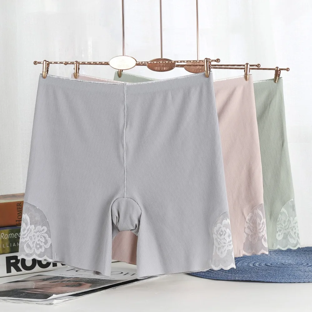 

Fashion Summer Comfortable Plus Size Ice Silk Solid Color Underwear Safety Short Pants Elastic Lace Boxer Women Lingerie