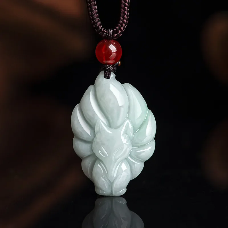 Natural A Cargo Emerald Light Green Nine -tailed Fox Pendant Fox Fairy Necklace Glutinous Jade Pendant Flower Pieces FemaleModel