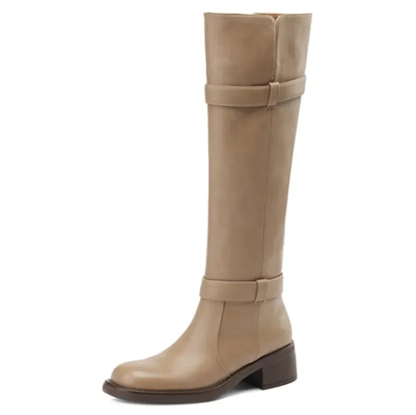 

【ENMAYER】 Hot 2024 New Office Ladies Platform Winter Boots Square Med Heels Boots Slip on Genuine Leather Knee High Boots