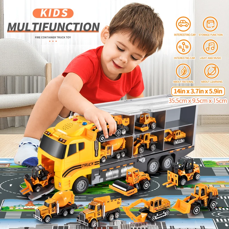 

Alloy Car Model Kids Toy Big Container Transporter Set with 6Pcs Mini Engineering Vehicle Fire Truck Racing Car Chilren Gifts