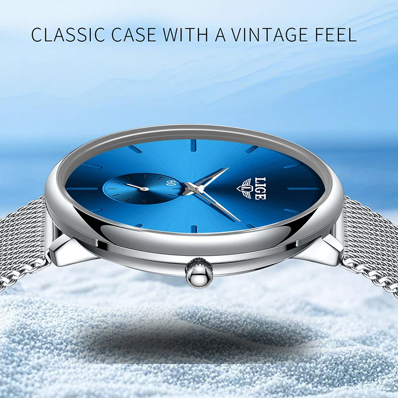LIGE Women's Quartz Wristwatches Simple Ultra Thin Mesh Round Watch Women Waterproof Bracelet Watch Gift For Women Montre Femme