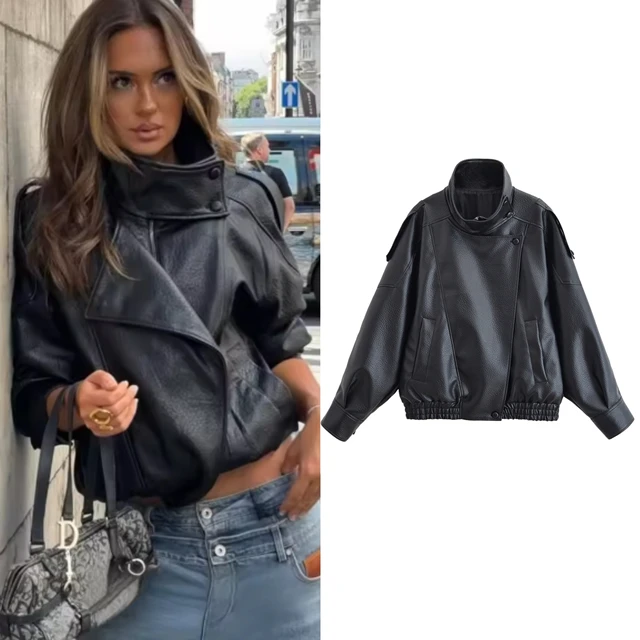 Veste Femme Automne 2026 Nouvelle Collection Noire à Manches Longues en Similicuir Grainé Style Motard Tendance et Personnalisée