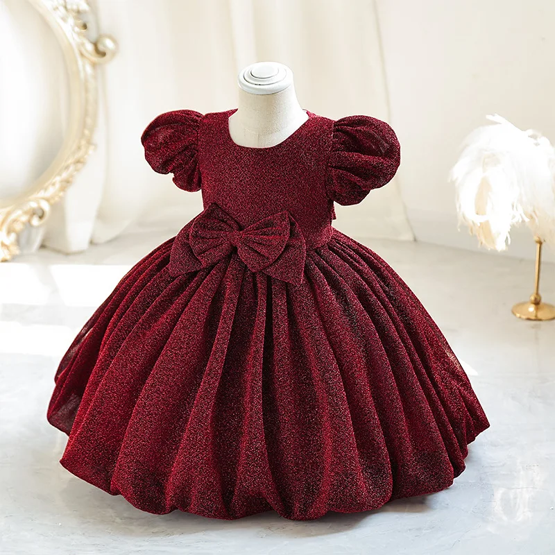 

Burgundy Flower Girl Dresses Bubble sleeves Fancy Baby Girl Party Gown With Bow Princess Ball Gown