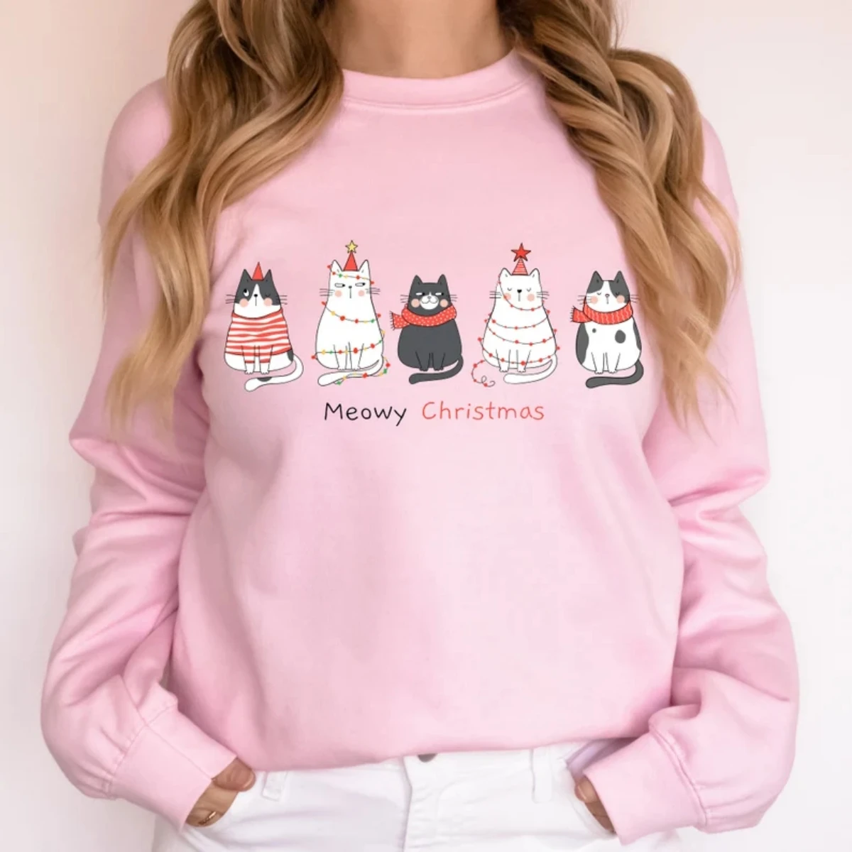 Meowy Christmas Sweatshirt Funny Christmas Cat Shirt Cat Lover Christmas Pullover Top Cute Trendy Winter Clothes Women
