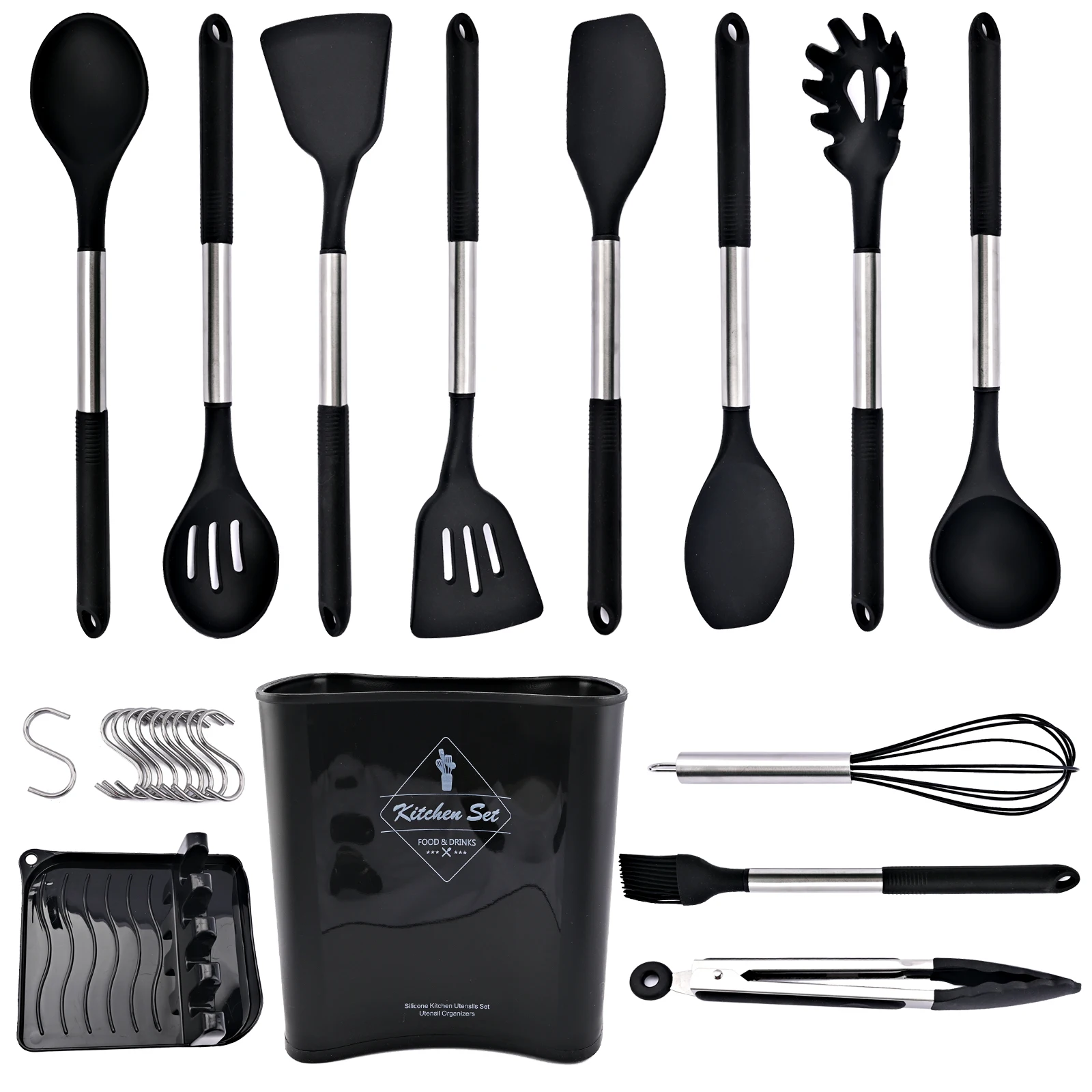 BlackKitchenUtensilSetCookingSiliconeUtensilsStainlessSteel