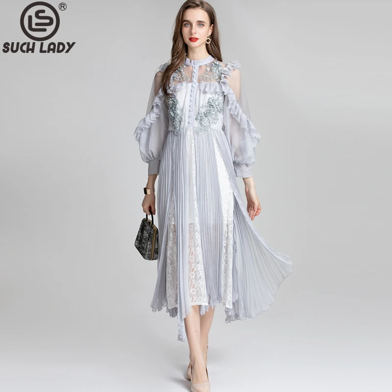 

Women's Runway Dresses O Neck Long Sleeves Ruffles Beaded Embroidery Sexy Tulle Laid Over Elegant Party Prom