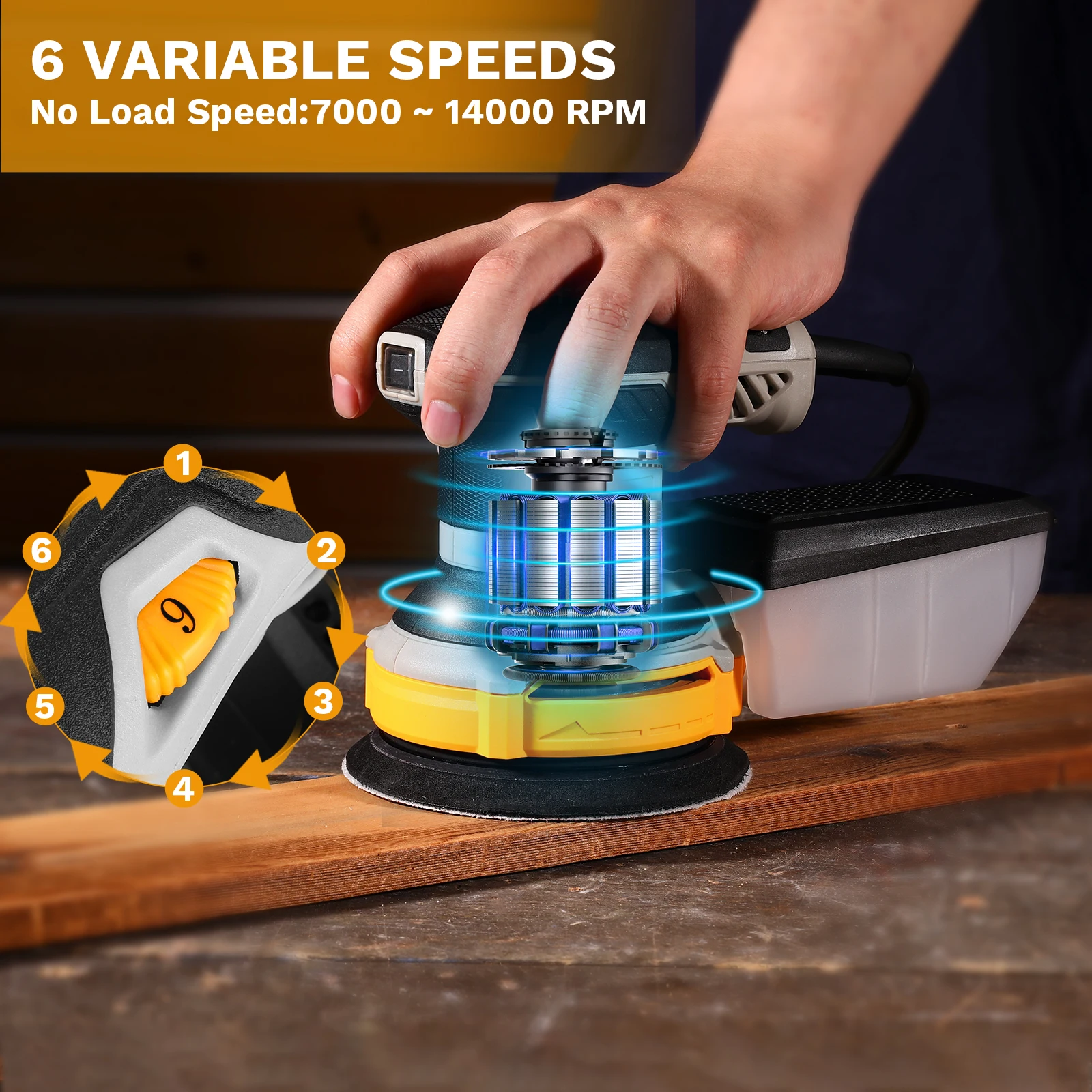 DEKO 300W Orbital Sander Sanding 14000RPM 16 Pieces Sandpaper 125 mm Pad Dust Collector for household Wood and Steel Surf