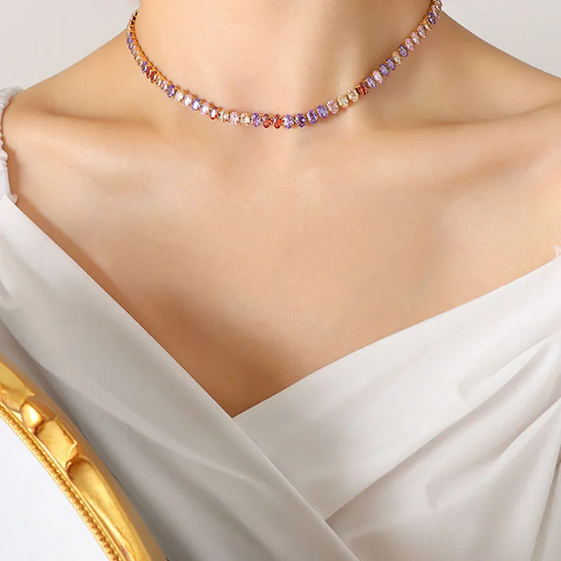 Colorful cz stone tennis chain necklace 