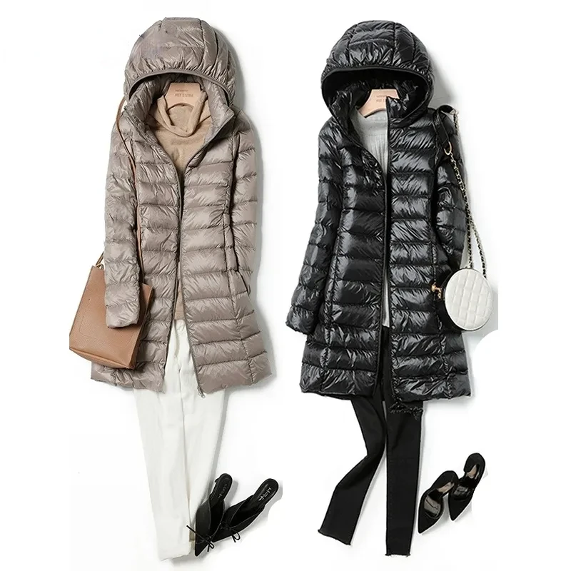 

2023 women spring jacket Ultralight Thin Packable Down Long Jacket Female Hat Detachable slim fit skirt Coat Portable Outwear