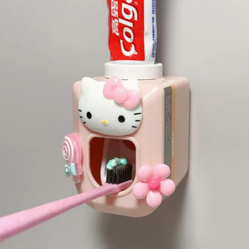 

Kawaii Hello Kitty Toothpaste Squeezes Motorized Sanrio Cartoon Automatic Toothpaste Dispenser for Children's Bathroom Supplies