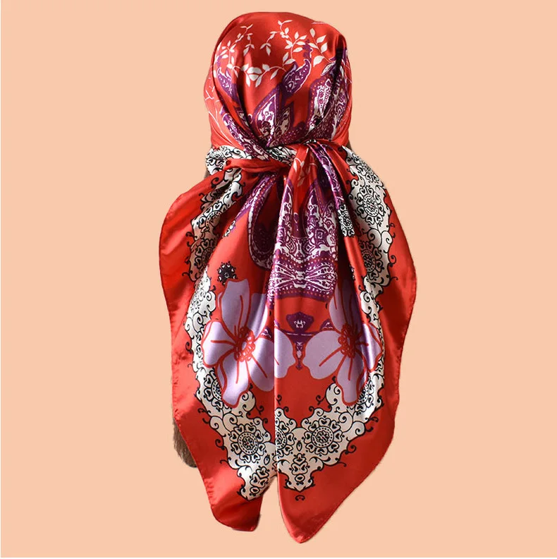 Luxuriöser Hijab-Schal aus Seidensatin für Damen, bedrucktes Kopftuch, Haarschals, 90 cm x 90 cm, quadratischer Schal, Wickeltücher, Halstücher für Damen – Detail 7