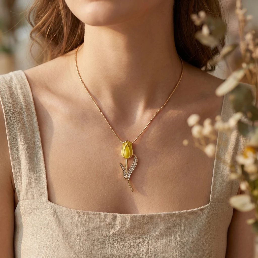 Frühling Trend Bunte Emaille Tulpe Halskette für Frauen Gold Farbe Kette Kristall Blume Zirkon Anhänger Ästhetischen Schmuck Geschenk
