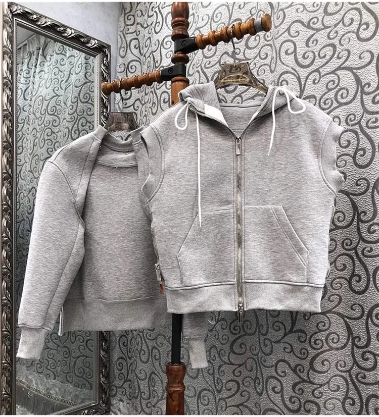 

Top Quality New Women's Set 2023 Autumn Winte 2 Piece Set Ladies Hooded Vest Coat Jacket+Long Sleeve Coats Grey Blue Outerwear