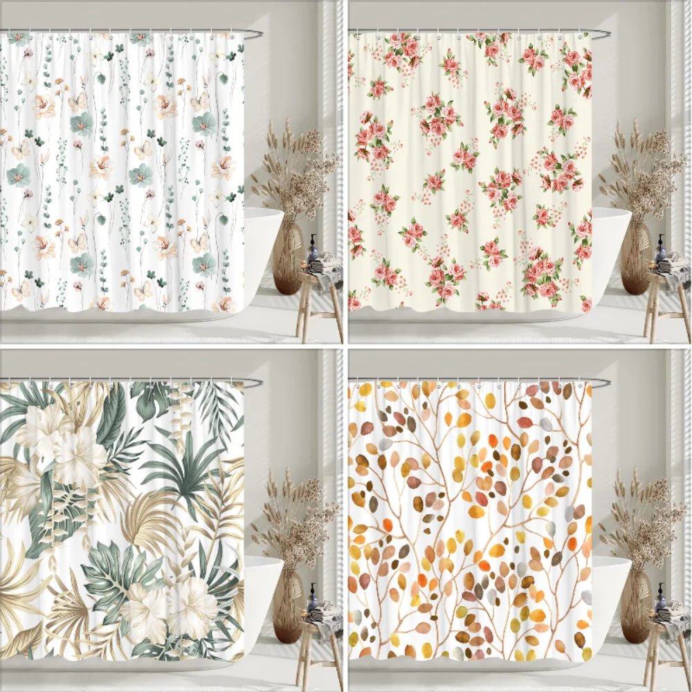 Vintage Floral Print Shower Curtain Plants Leaves Watercolour Art Home Decor Shower Curtain Polyester Fabric Bathroom Decoration