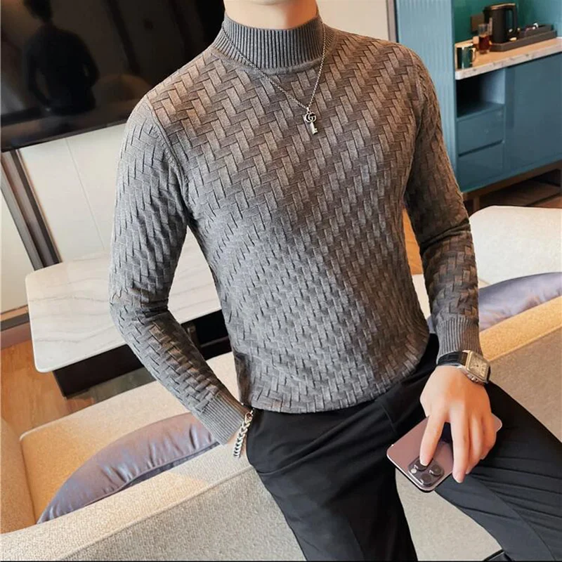 Men Autumn Winter Half High Collar Jacquard Woven Sweater Long Sleeve Slim Fit Knitted Sweater Pullers 4XL-M Homme