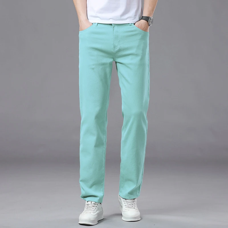 2025 Autumn Men's Elastic Colorful Jeans Breathable Casual Straight Fitted Solid Color Denim Pants Korean Fashion Trousers 3