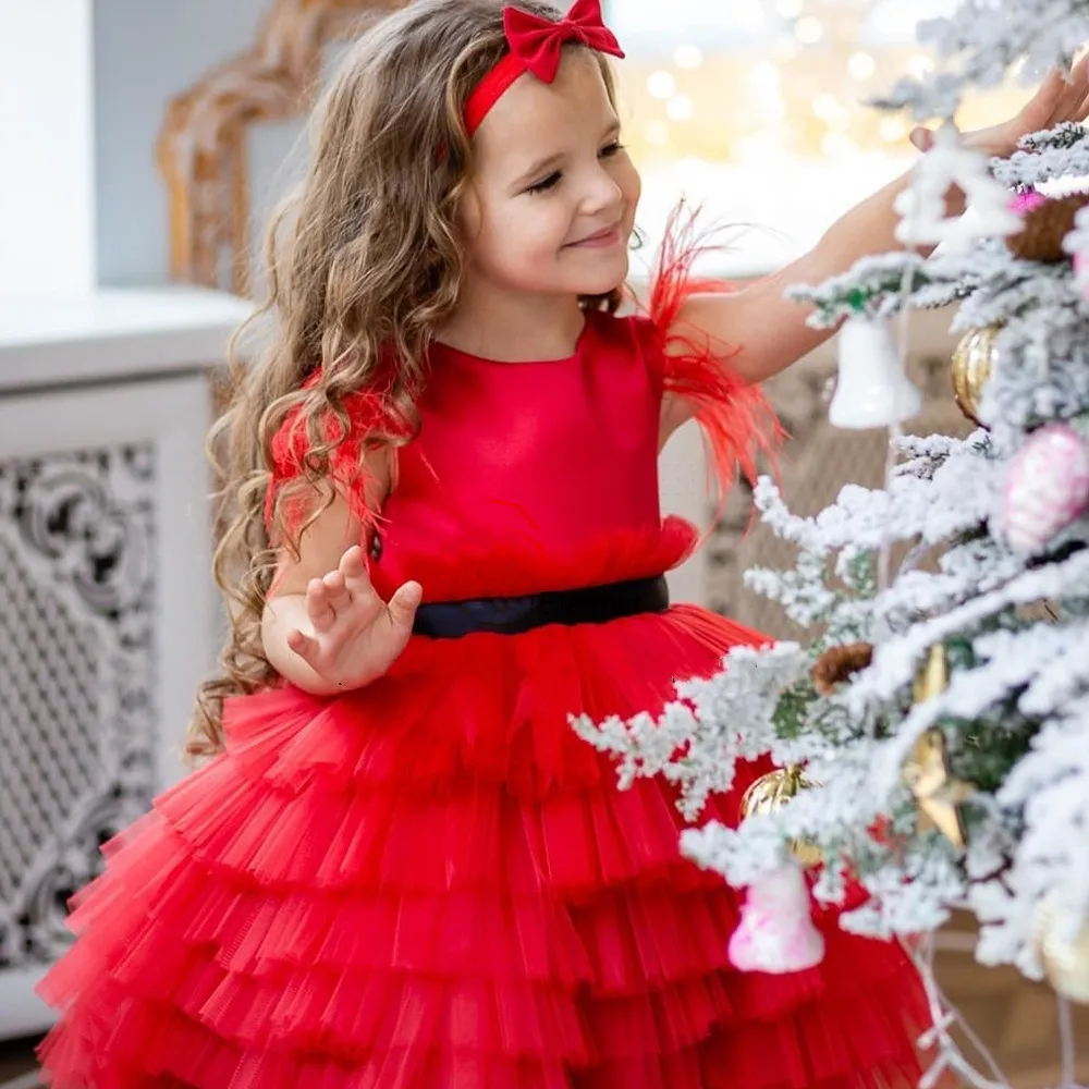 

Red O Neck Tulle Layered Flower Girl Dresses For Wedding Tiered Kids Birthday Party Gown Christmas First Communion Ball Gowns
