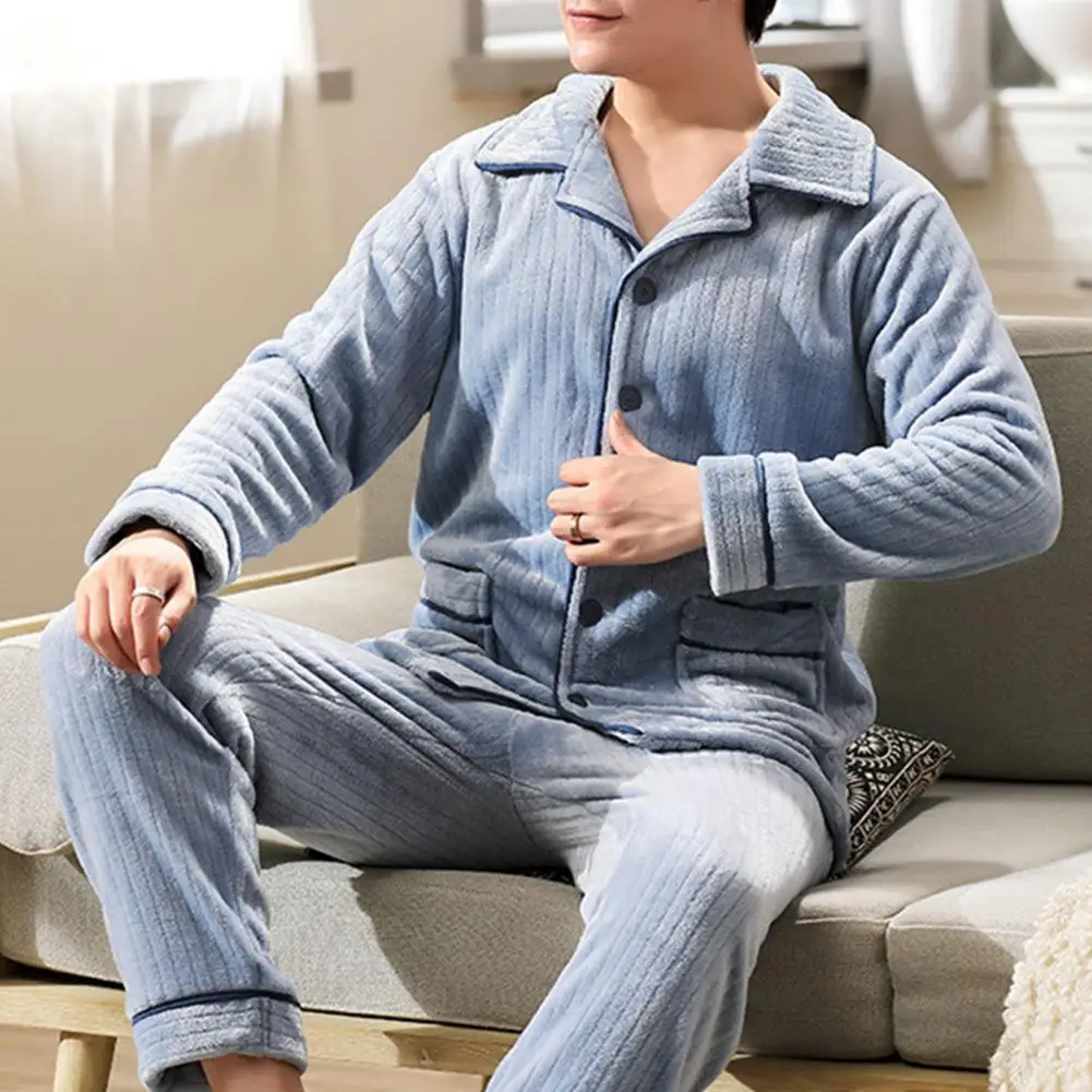 Loungewear Set Men's Winter Pajamas Set with Lapel Striped Top Elastic Waist Pants Thick Warm Soft Homewear with Pockets for Men