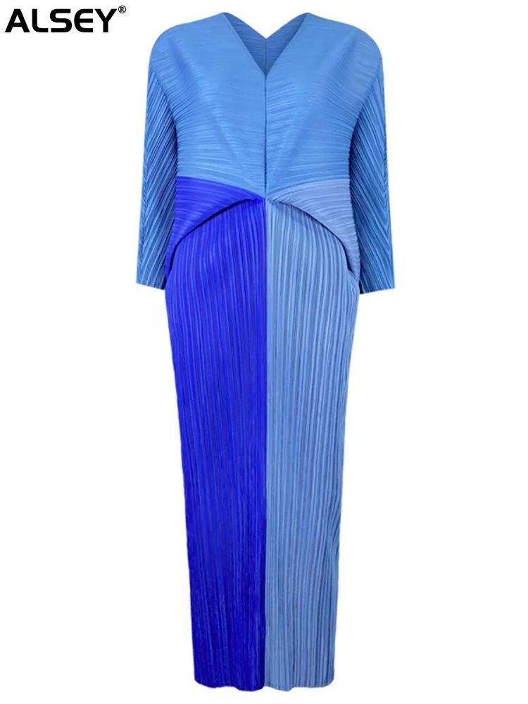 

ALSEY Miyake Women's Pleated Dress Colorblocked V Neck Sleeve Irregular Office Lady Elegant Midi Dress 2023 Spring Summer New