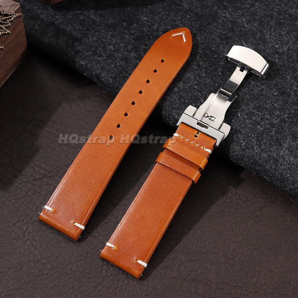 Elegant Hand-Stitched Leather Watch Band with Automatic Butterfly Clasp